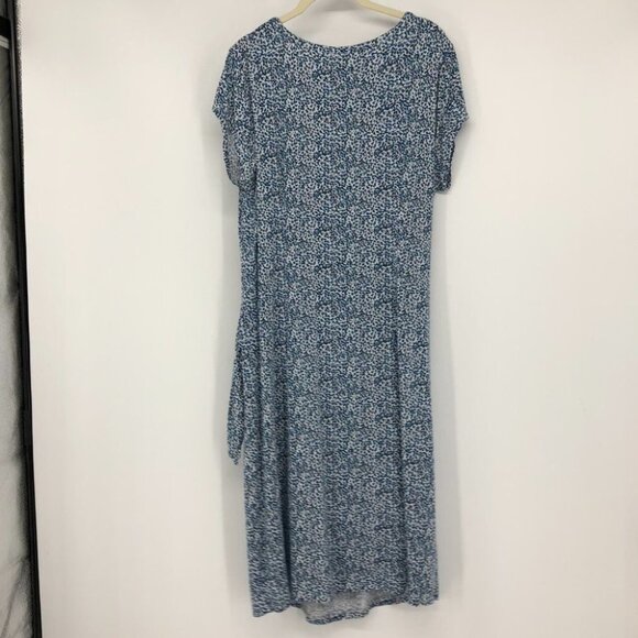 LOFT Light blue white dotted side gather short sleeve rayon midi sheath dress L - Picture 13 of 14